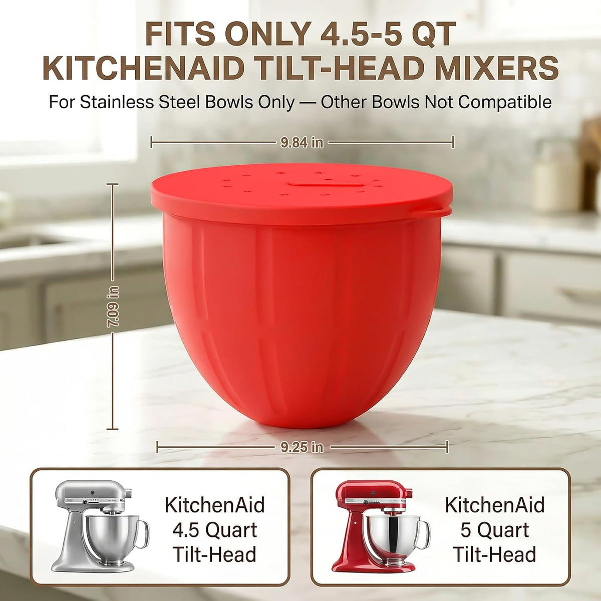 Silicone Liners for KitchenAid Mixers - Mixing Bowl Liners with Lids for 5 Qt Tilt-Head Stand Mixer, Kitchen Aid Accessories and Attachments with Measurement Markings & Timer Pointers, 3pcs