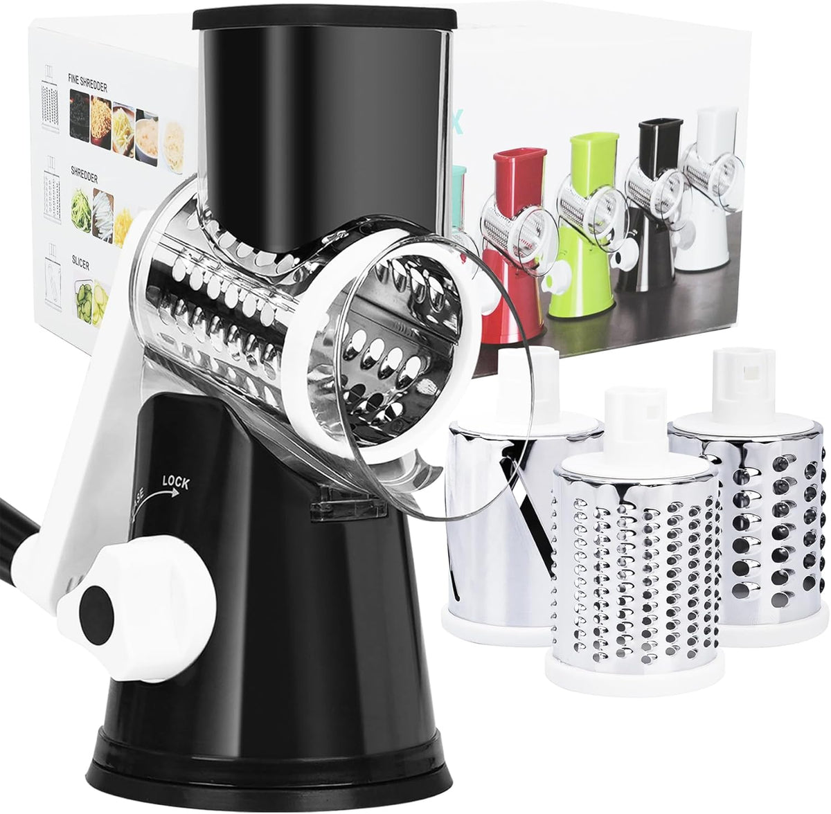 Cheese Grater Hand Crank Rotary, 3 Blades with Strong Suction Base | Vegetable Slicer, Mandoline Slicer for Kitchen, 3 Interchangeable Blades, Easy to Clean Grater for Vegetables, Nuts, Black