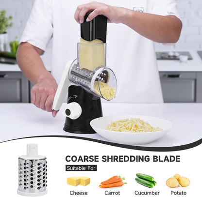 Cheese Grater Hand Crank Rotary, 3 Blades with Strong Suction Base | Vegetable Slicer, Mandoline Slicer for Kitchen, 3 Interchangeable Blades, Easy to Clean Grater for Vegetables, Nuts, Black