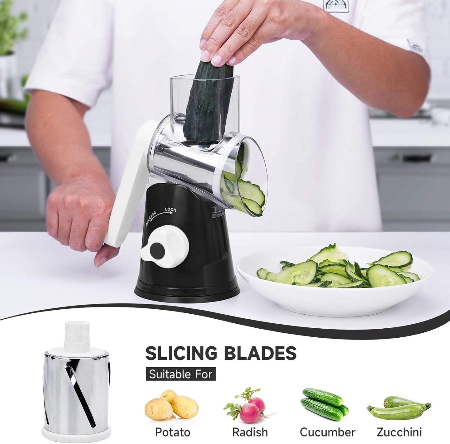 Cheese Grater Hand Crank Rotary, 3 Blades with Strong Suction Base | Vegetable Slicer, Mandoline Slicer for Kitchen, 3 Interchangeable Blades, Easy to Clean Grater for Vegetables, Nuts, Black