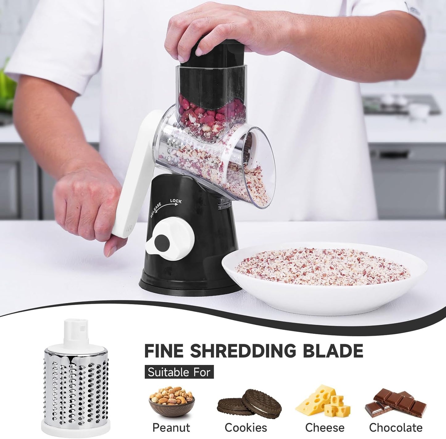 Cheese Grater Hand Crank Rotary, 3 Blades with Strong Suction Base | Vegetable Slicer, Mandoline Slicer for Kitchen, 3 Interchangeable Blades, Easy to Clean Grater for Vegetables, Nuts, Black