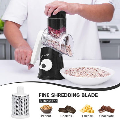 Cheese Grater Hand Crank Rotary, 3 Blades with Strong Suction Base | Vegetable Slicer, Mandoline Slicer for Kitchen, 3 Interchangeable Blades, Easy to Clean Grater for Vegetables, Nuts, Black