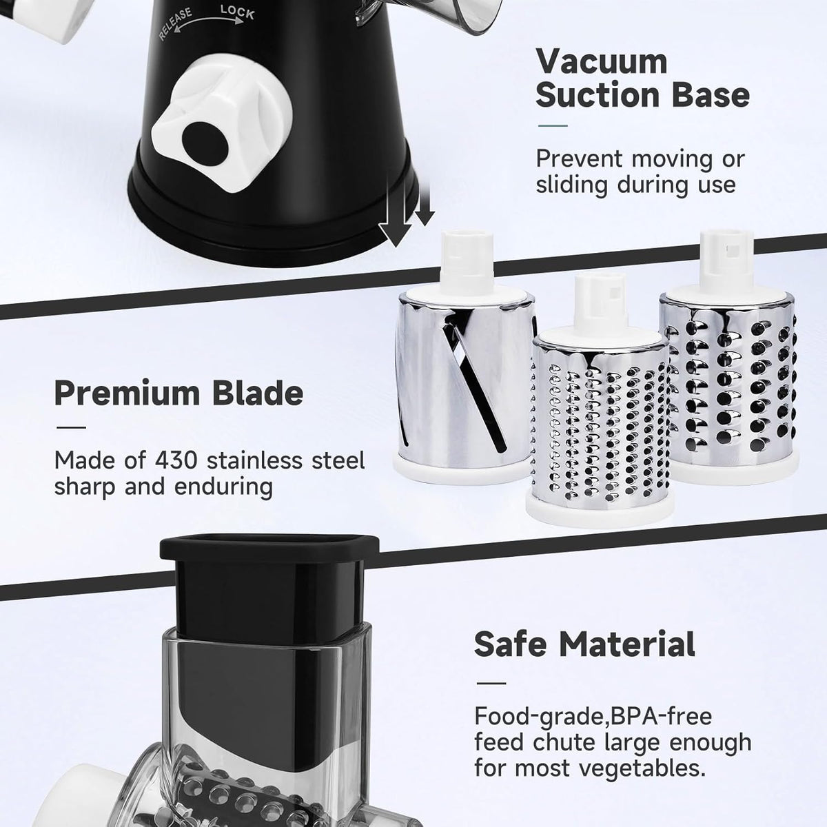 Cheese Grater Hand Crank Rotary, 3 Blades with Strong Suction Base | Vegetable Slicer, Mandoline Slicer for Kitchen, 3 Interchangeable Blades, Easy to Clean Grater for Vegetables, Nuts, Black