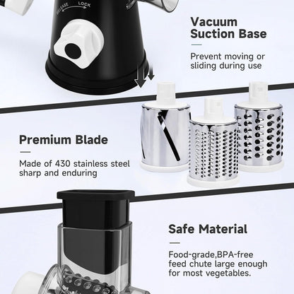 Cheese Grater Hand Crank Rotary, 3 Blades with Strong Suction Base | Vegetable Slicer, Mandoline Slicer for Kitchen, 3 Interchangeable Blades, Easy to Clean Grater for Vegetables, Nuts, Black