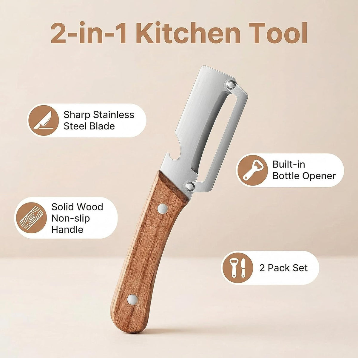 Multifunctional Premium Vegetable Peeler with Wooden Handle, Stainless Steel Blade & Bottle Opener, Non-Slip Kitchen Tool for Fruit, Apple, Potato, Pumpkin, Papaya, Zucchini