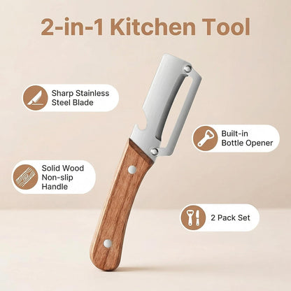 Multifunctional Premium Vegetable Peeler with Wooden Handle, Stainless Steel Blade & Bottle Opener, Non-Slip Kitchen Tool for Fruit, Apple, Potato, Pumpkin, Papaya, Zucchini