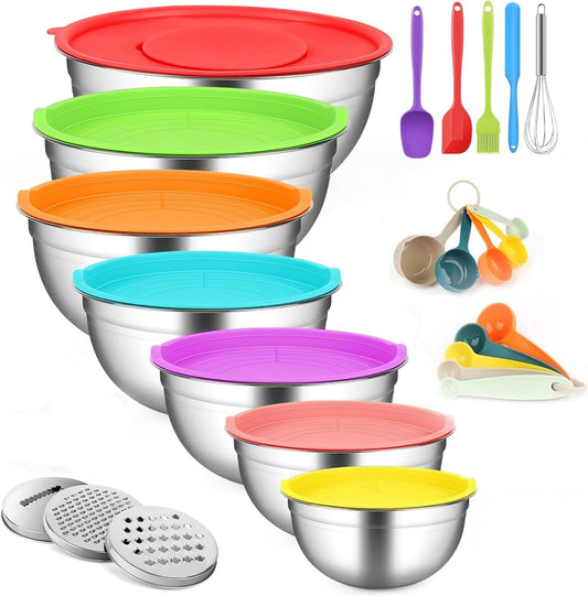 JUJOJB Mixing Bowls With Lids Set,Stainless Steel Mixing Bowls Set With 3 Grater,Metal Nesting Bowls For Kitchen Baking Refrigerator Meal Prep Food Organizer,7 Size(Multicolor)