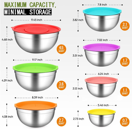 JUJOJB Mixing Bowls With Lids Set,Stainless Steel Mixing Bowls Set With 3 Grater,Metal Nesting Bowls For Kitchen Baking Refrigerator Meal Prep Food Organizer,7 Size(Multicolor)