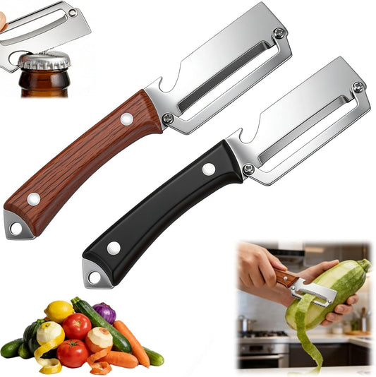 2PCS Premium 2-in-1 Vegetable Peeler with Wooden Handle, Stainless Steel Blade & Bottle Opener, Multi-Purpose Kitchen Tool for Apple, Potato, Pumpkin, Papaya & Various Fruits/Vegetables (Wood+Black)