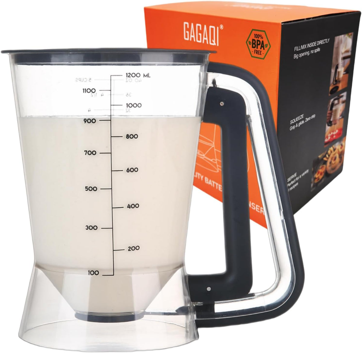Pancake Batter Dispenser 5 Cup with Sturdy Handle,Batter Separator for Pancakes, Cupcake, Waffle, Muffin Mix, Cake & Crepe Batter pitcher with Squeeze Handle Baking Tools-Black
