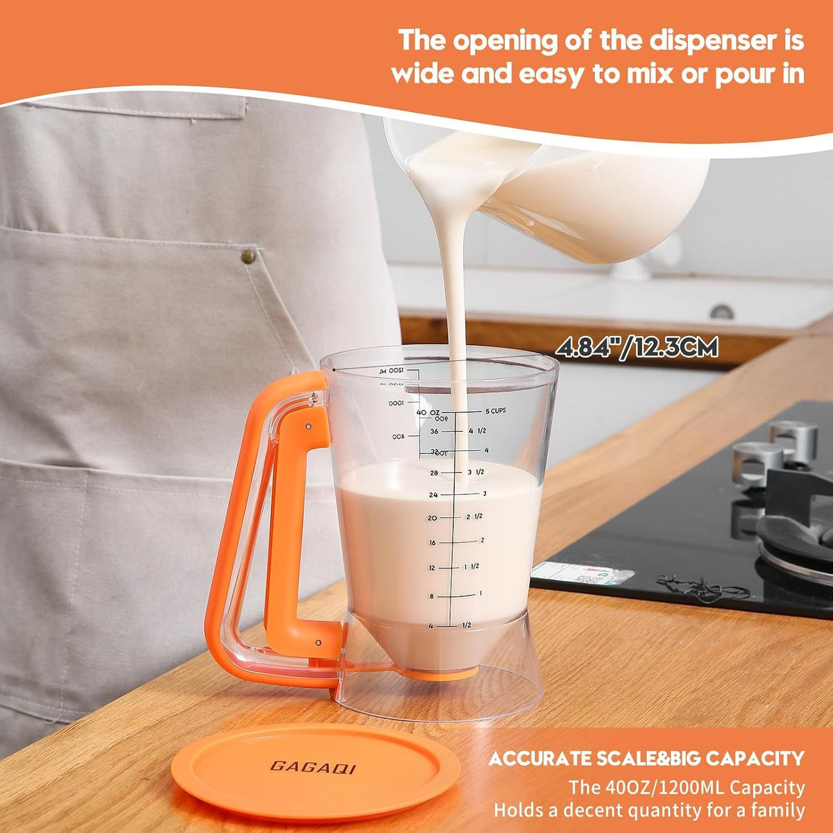 Pancake Batter Dispenser 5 Cup with Sturdy Handle,Batter Separator for Pancakes, Cupcake, Waffle, Muffin Mix, Cake & Crepe Batter pitcher with Squeeze Handle Baking Tools-Black