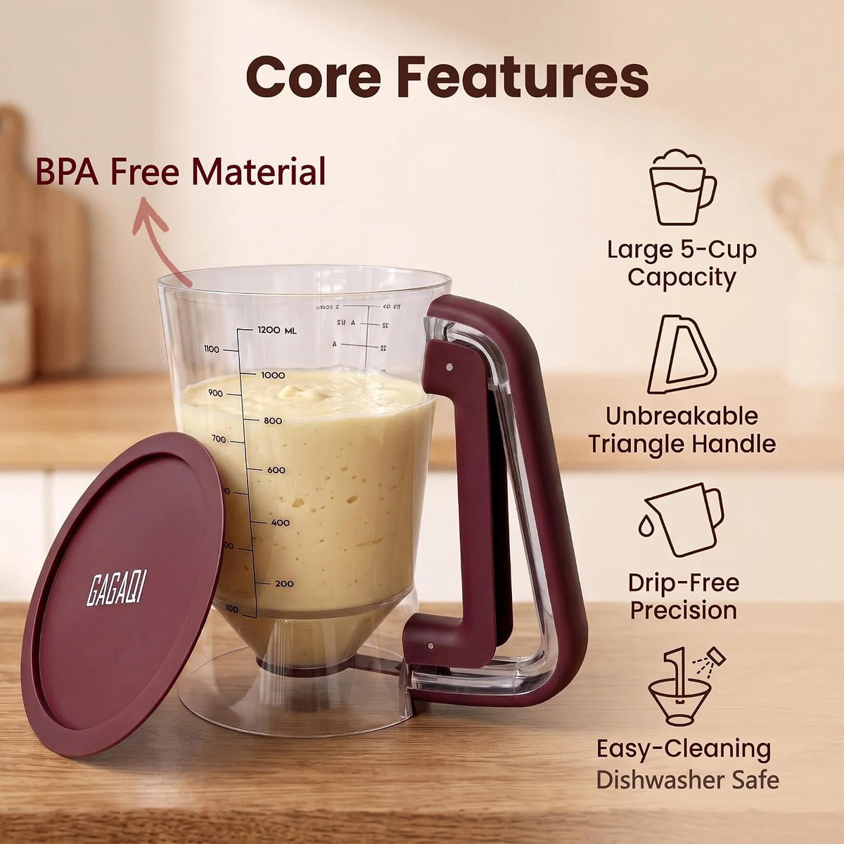 Pancake Batter Dispenser 5 Cup with Sturdy Handle,Batter Separator for Pancakes, Cupcake, Waffle, Muffin Mix, Cake & Crepe Batter pitcher with Squeeze Handle Baking Tools-Black