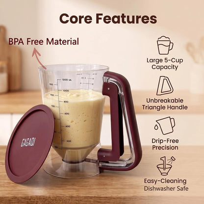 Pancake Batter Dispenser 5 Cup with Sturdy Handle,Batter Separator for Pancakes, Cupcake, Waffle, Muffin Mix, Cake & Crepe Batter pitcher with Squeeze Handle Baking Tools-Black