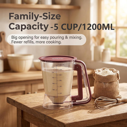 Pancake Batter Dispenser 5 Cup with Sturdy Handle,Batter Separator for Pancakes, Cupcake, Waffle, Muffin Mix, Cake & Crepe Batter pitcher with Squeeze Handle Baking Tools-Black