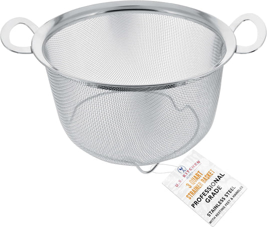 Stainless Steel Colander Strainer Basket - 3-Quart Colander with Resting Feet & Handles - Wide Rim Sieve, Stainless Steel Strainers and Colanders for Kitchen
