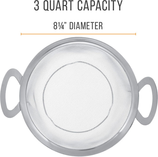 Stainless Steel Colander Strainer Basket - 3-Quart Colander with Resting Feet & Handles - Wide Rim Sieve, Stainless Steel Strainers and Colanders for Kitchen