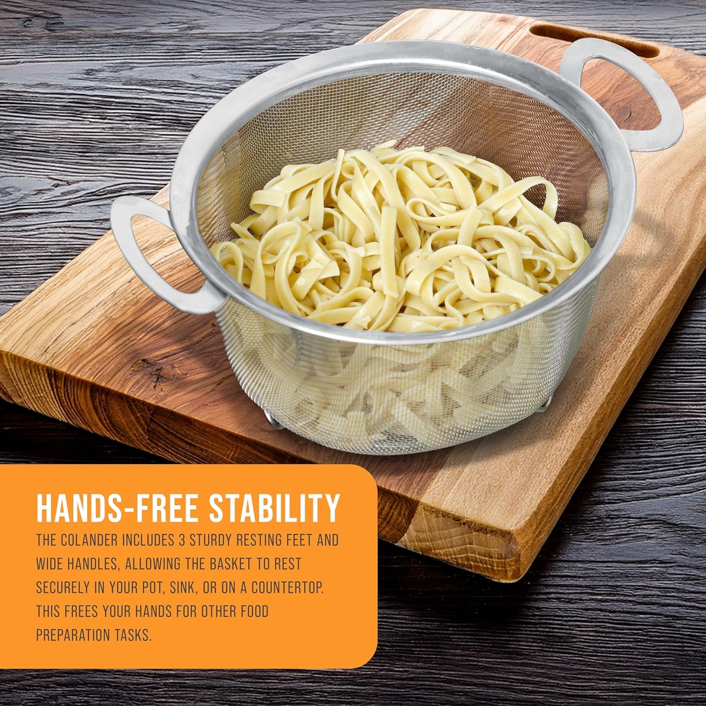 Stainless Steel Colander Strainer Basket - 3-Quart Colander with Resting Feet & Handles - Wide Rim Sieve, Stainless Steel Strainers and Colanders for Kitchen