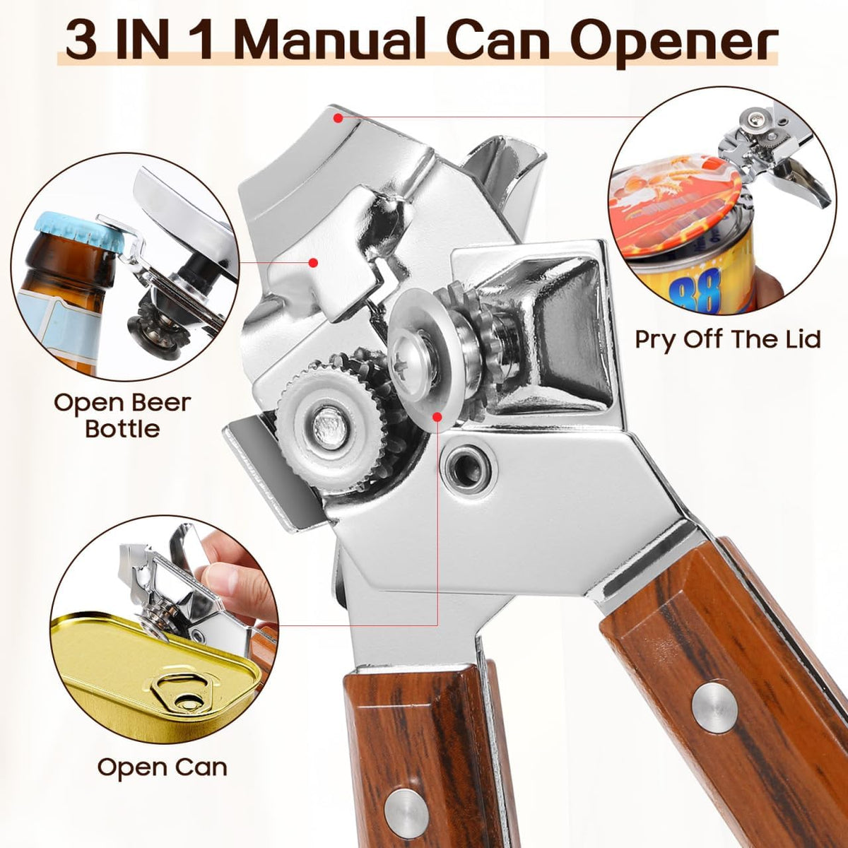 Manual can Opener with Redwood Handle Bottle Opener and Lid Tool for Kitchen Bar and Home Use Comfortable Grip Easy Turning 7.87 X 2.16 X 1.57 in