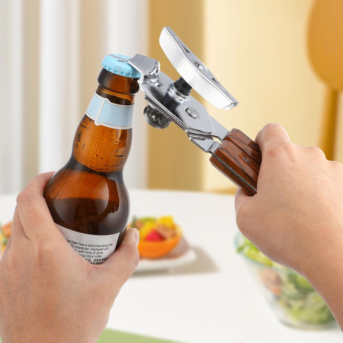 Manual can Opener with Redwood Handle Bottle Opener and Lid Tool for Kitchen Bar and Home Use Comfortable Grip Easy Turning 7.87 X 2.16 X 1.57 in