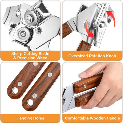 Manual can Opener with Redwood Handle Bottle Opener and Lid Tool for Kitchen Bar and Home Use Comfortable Grip Easy Turning 7.87 X 2.16 X 1.57 in