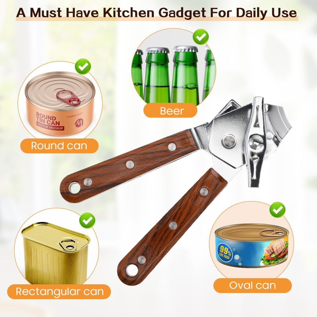 Manual can Opener with Redwood Handle Bottle Opener and Lid Tool for Kitchen Bar and Home Use Comfortable Grip Easy Turning 7.87 X 2.16 X 1.57 in
