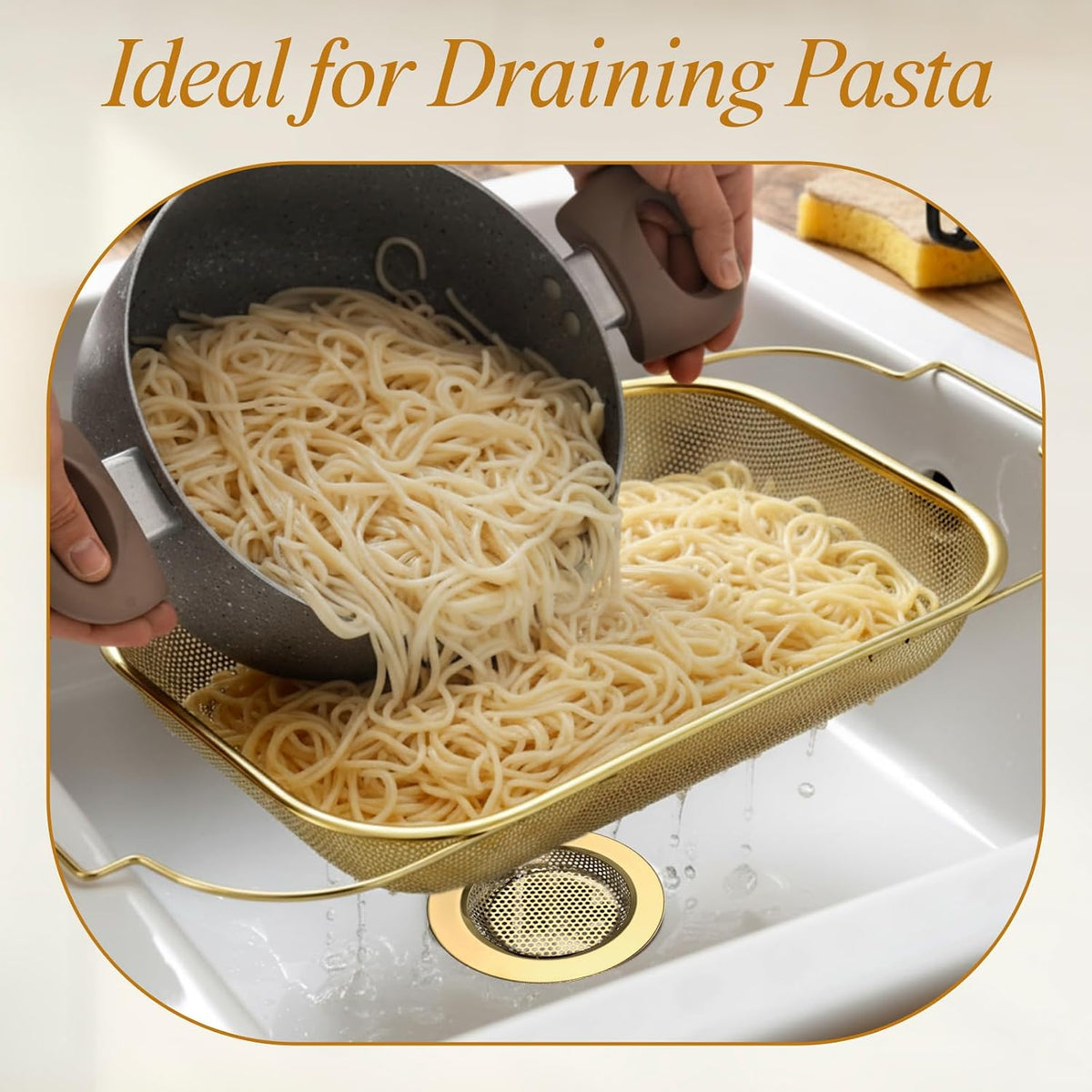 3 Pcs Gold over the Sink Colander and Strainer for Kitchen, Sink Strainer Basket, Collapsible Basket for Kitchen, Fruit Pasta Food Expandable Plastic Colander with Drain Stainless Steel