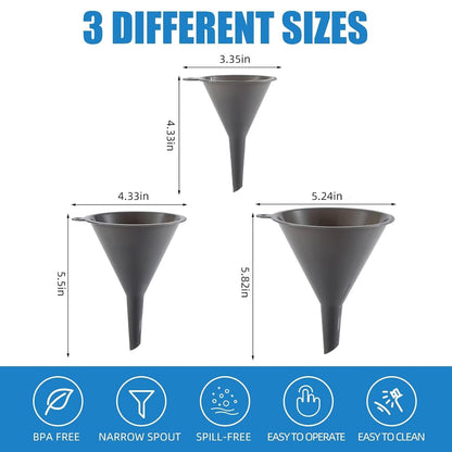 Plastic Kitchen Funnel Set of 3, Round Funnels for Filling Bottles, Gray | Durable Funnels for Kitchen Use, Multifunctional Funnels for Filling, Canning, Cooking, Lab or Car Oil