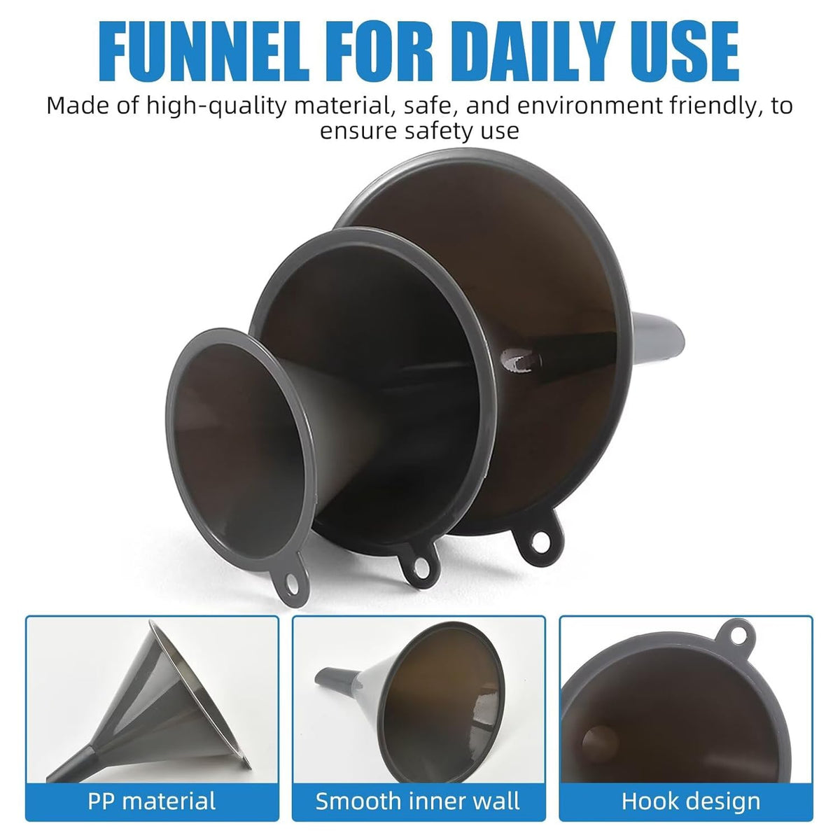Plastic Kitchen Funnel Set of 3, Round Funnels for Filling Bottles, Gray | Durable Funnels for Kitchen Use, Multifunctional Funnels for Filling, Canning, Cooking, Lab or Car Oil