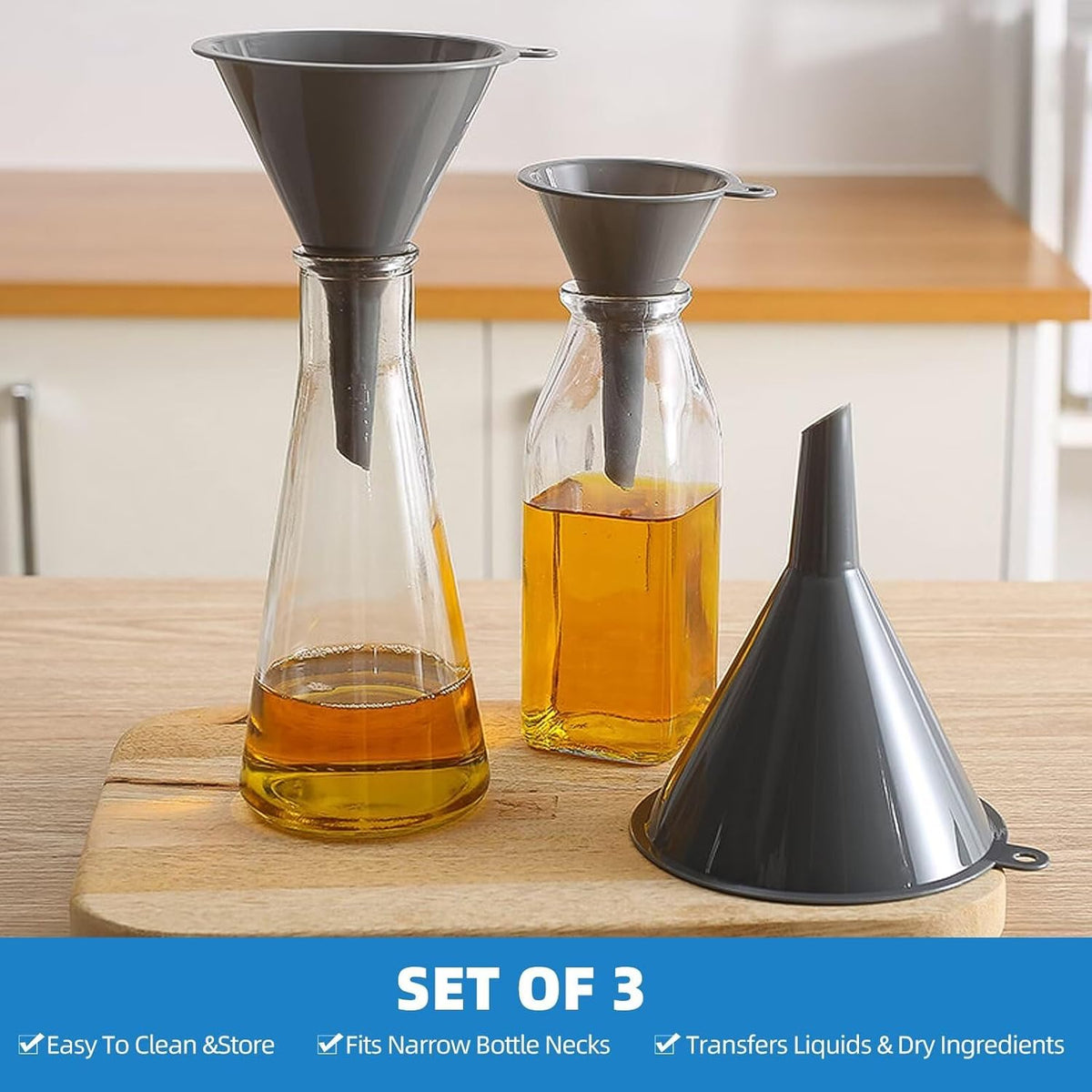 Plastic Kitchen Funnel Set of 3, Round Funnels for Filling Bottles, Gray | Durable Funnels for Kitchen Use, Multifunctional Funnels for Filling, Canning, Cooking, Lab or Car Oil