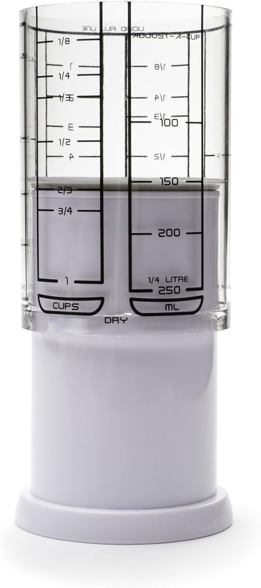 1 Cup Adjust-A-Cup, Plastic, White | Plunger Measuring Cup | Measures Between 1/8 Cup to 1 Cup | Includes Conversions | Kitchen Gadget | Measures Solids & Liquids