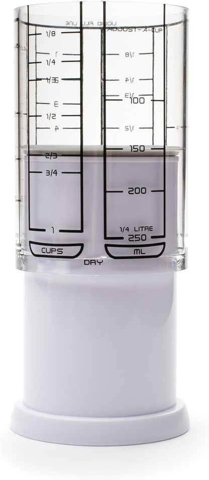 1 Cup Adjust-A-Cup, Plastic, White | Plunger Measuring Cup | Measures Between 1/8 Cup to 1 Cup | Includes Conversions | Kitchen Gadget | Measures Solids & Liquids