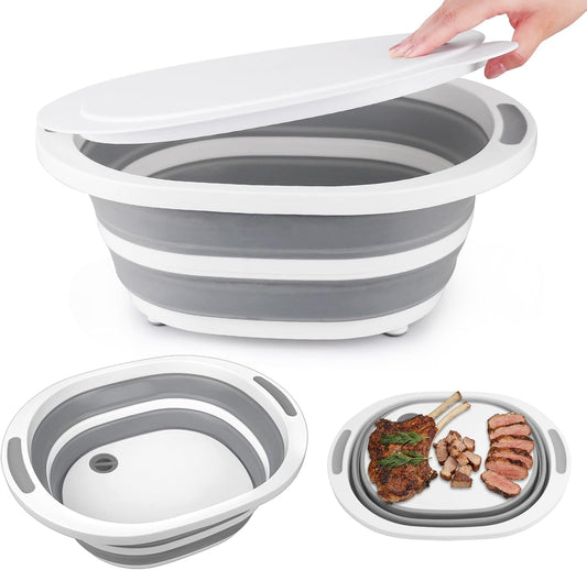 Collapsible Wash Basin, 7.5L Dish Tub Sink Basin Folding Dish Pans for Kitchen Sink, 2-in-1 Dishpan + Cutting Board, Portable Sink Dish Basin for Camping BBQ Prep Tub Washing Bin with Drain Plug + Lid