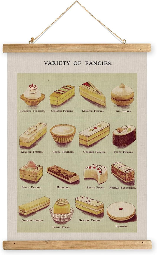 MIDEFINCH Vintage Pastry & Sweets Chart, Retro Bakery Wall Art with Wooden Hanger, Educational Dessert Illustration for Kitchen, Dining Room, Cafe, Boulangerie Decor, 16 x 23 in
