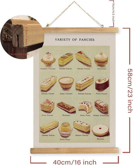 MIDEFINCH Vintage Pastry & Sweets Chart, Retro Bakery Wall Art with Wooden Hanger, Educational Dessert Illustration for Kitchen, Dining Room, Cafe, Boulangerie Decor, 16 x 23 in