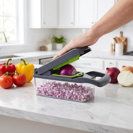 14-in-1 Vegetable Chopper and Onion Slicer, Gray | Mandolin Slicer with Container, Multi-Functional Food Dicer, Stainless Steel Blades