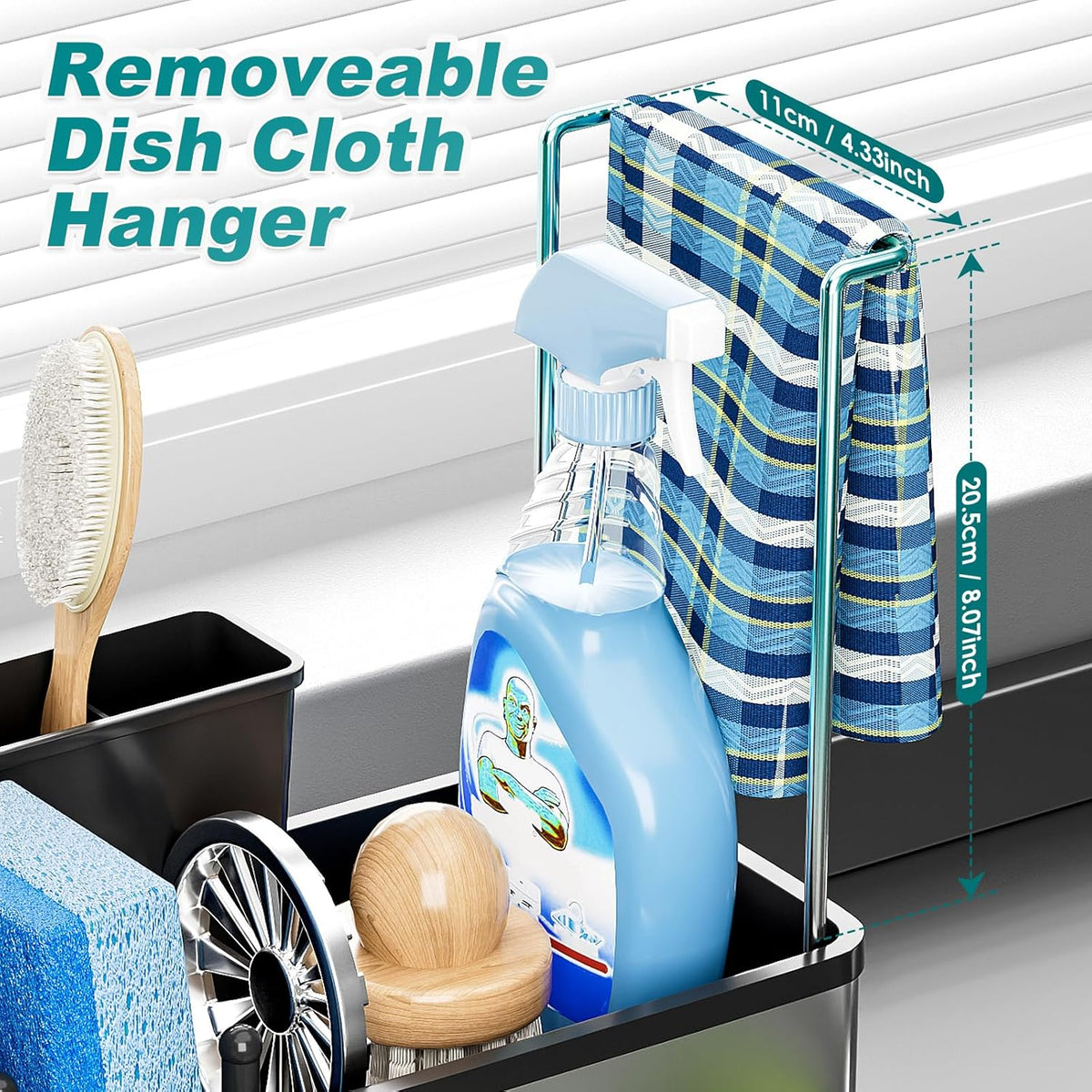 Ewaiira Stainless Steel Sink Caddy, Sponge Holder for Kitchen Sink 9.8″ | with Brush Holder and Towel Rack, Sink Organizer for Countertop, Soap Kitchen Organizers Storage Essentials, Black