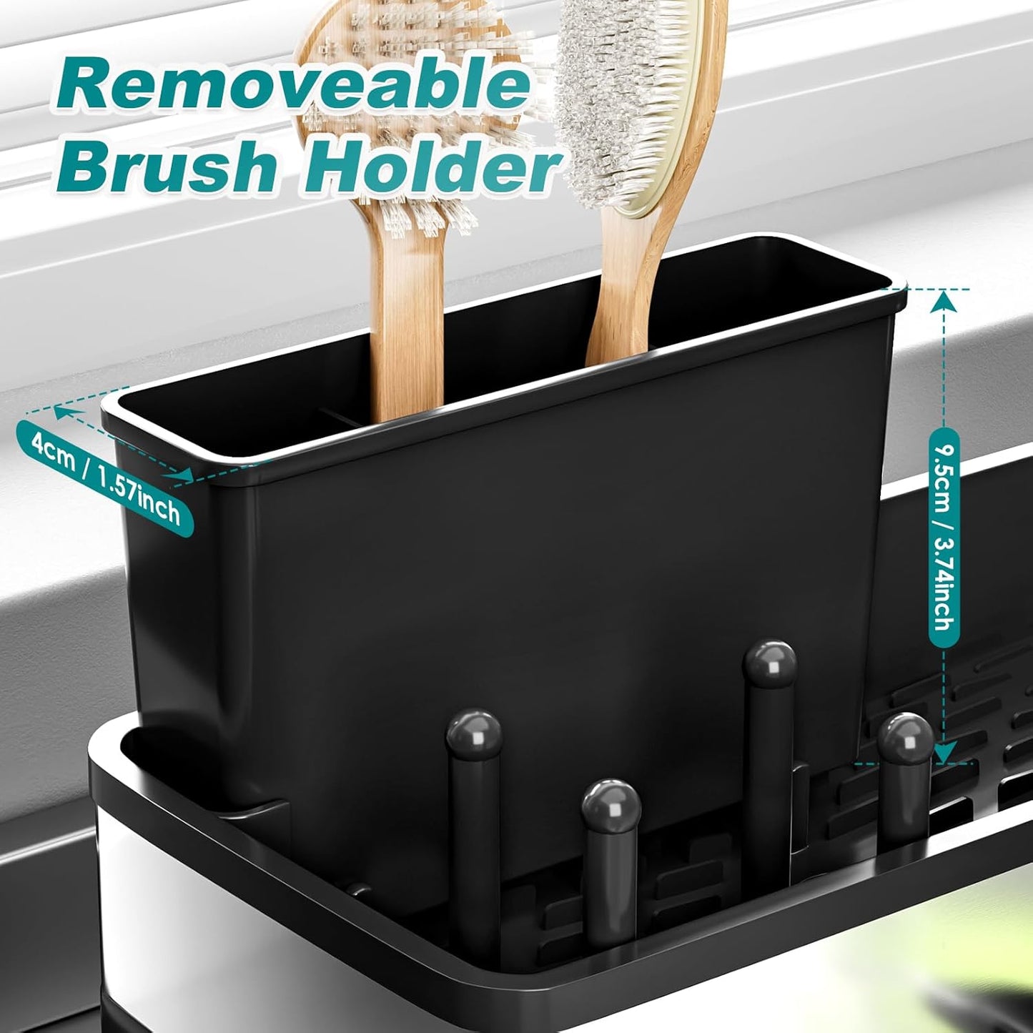 Ewaiira Stainless Steel Sink Caddy, Sponge Holder for Kitchen Sink 9.8″ | with Brush Holder and Towel Rack, Sink Organizer for Countertop, Soap Kitchen Organizers Storage Essentials, Black