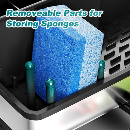 Ewaiira Stainless Steel Sink Caddy, Sponge Holder for Kitchen Sink 9.8″ | with Brush Holder and Towel Rack, Sink Organizer for Countertop, Soap Kitchen Organizers Storage Essentials, Black