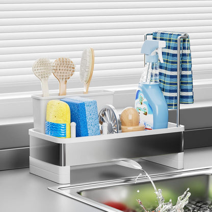 Ewaiira Stainless Steel Sink Caddy, Sponge Holder for Kitchen Sink 9.8″ | with Brush Holder and Towel Rack, Sink Organizer for Countertop, Soap Kitchen Organizers Storage Essentials, Black