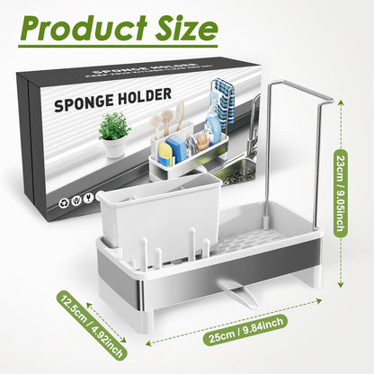 Ewaiira Stainless Steel Sink Caddy, Sponge Holder for Kitchen Sink 9.8″ | with Brush Holder and Towel Rack, Sink Organizer for Countertop, Soap Kitchen Organizers Storage Essentials, Black
