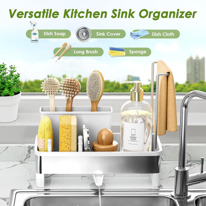 Ewaiira Stainless Steel Sink Caddy, Sponge Holder for Kitchen Sink 9.8″ | with Brush Holder and Towel Rack, Sink Organizer for Countertop, Soap Kitchen Organizers Storage Essentials, Black