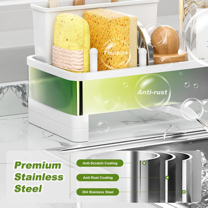Ewaiira Stainless Steel Sink Caddy, Sponge Holder for Kitchen Sink 9.8″ | with Brush Holder and Towel Rack, Sink Organizer for Countertop, Soap Kitchen Organizers Storage Essentials, Black