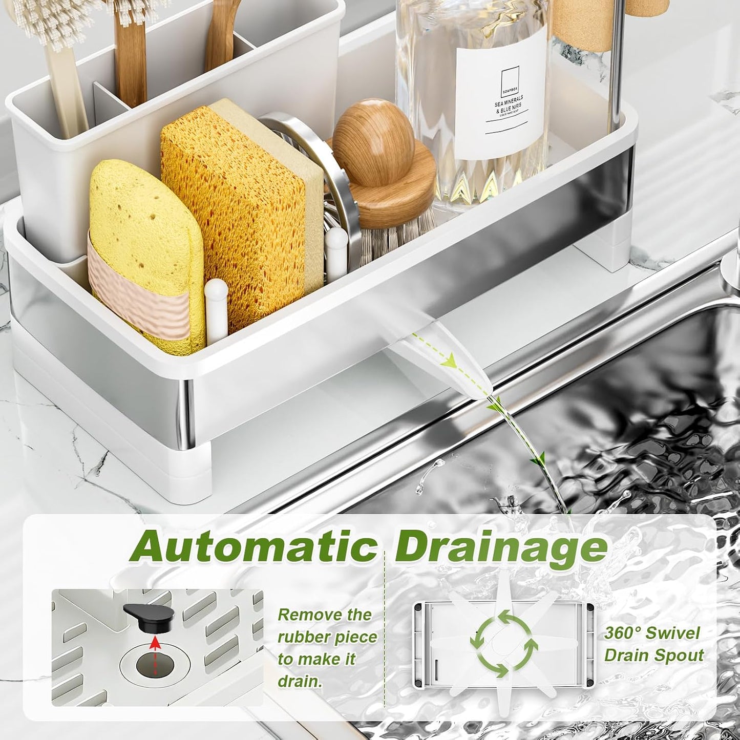 Ewaiira Stainless Steel Sink Caddy, Sponge Holder for Kitchen Sink 9.8″ | with Brush Holder and Towel Rack, Sink Organizer for Countertop, Soap Kitchen Organizers Storage Essentials, Black