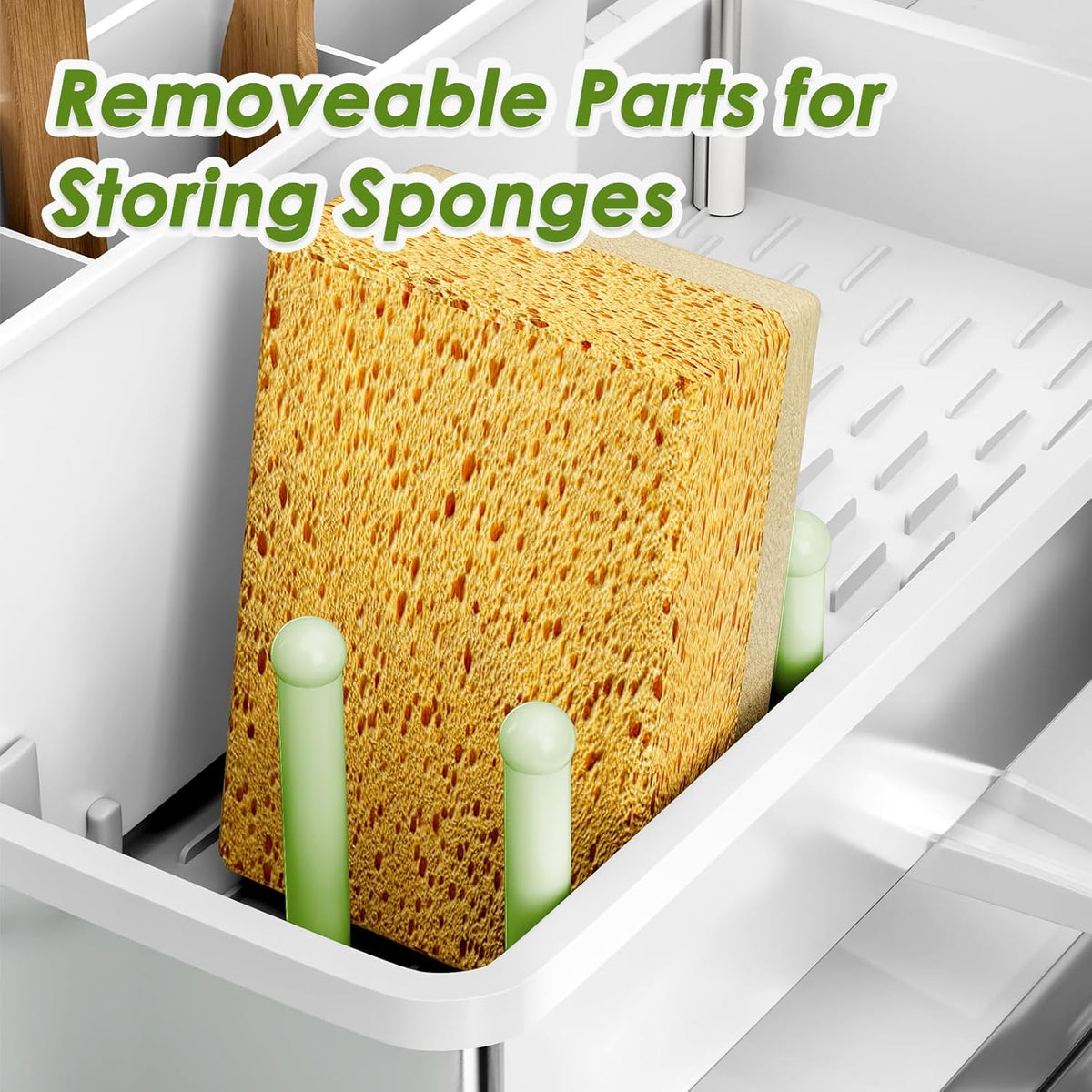 Ewaiira Stainless Steel Sink Caddy, Sponge Holder for Kitchen Sink 9.8″ | with Brush Holder and Towel Rack, Sink Organizer for Countertop, Soap Kitchen Organizers Storage Essentials, Black