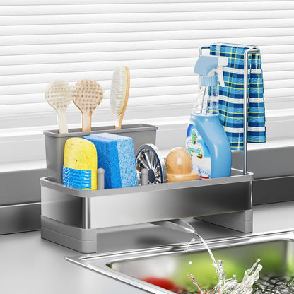 Ewaiira Stainless Steel Sink Caddy, Sponge Holder for Kitchen Sink 9.8″ | with Brush Holder and Towel Rack, Sink Organizer for Countertop, Soap Kitchen Organizers Storage Essentials, Black