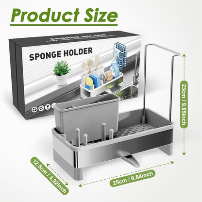 Ewaiira Stainless Steel Sink Caddy, Sponge Holder for Kitchen Sink 9.8″ | with Brush Holder and Towel Rack, Sink Organizer for Countertop, Soap Kitchen Organizers Storage Essentials, Black