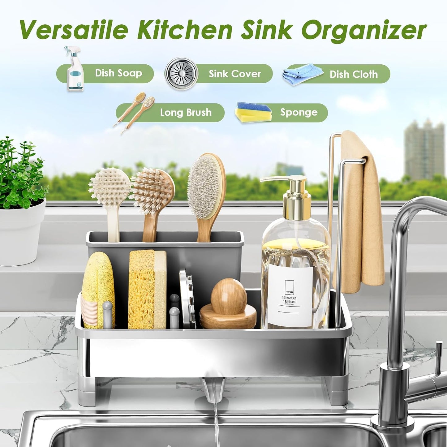 Ewaiira Stainless Steel Sink Caddy, Sponge Holder for Kitchen Sink 9.8″ | with Brush Holder and Towel Rack, Sink Organizer for Countertop, Soap Kitchen Organizers Storage Essentials, Black