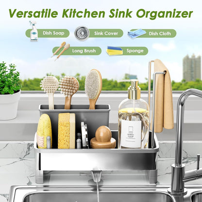 Ewaiira Stainless Steel Sink Caddy, Sponge Holder for Kitchen Sink 9.8″ | with Brush Holder and Towel Rack, Sink Organizer for Countertop, Soap Kitchen Organizers Storage Essentials, Black