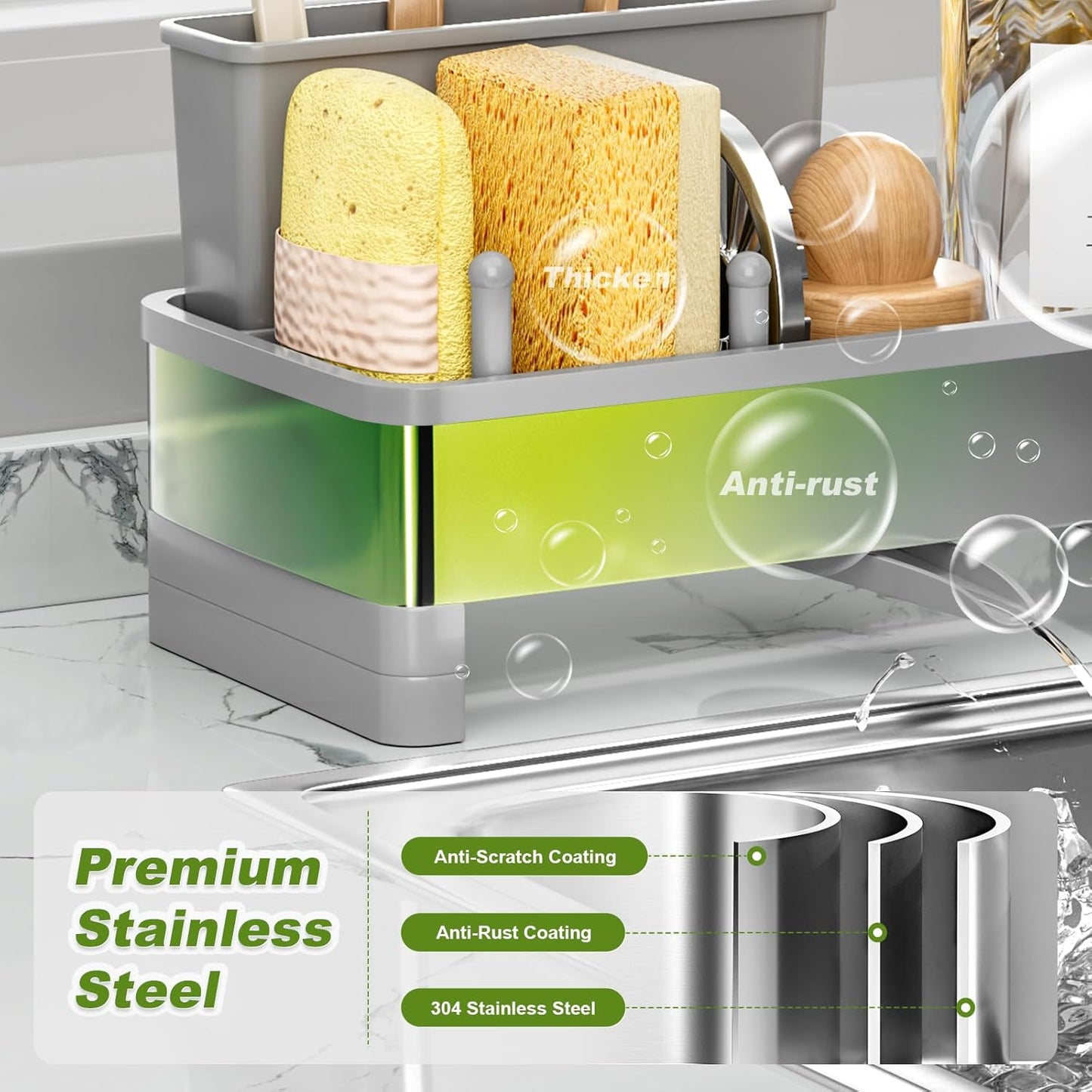 Ewaiira Stainless Steel Sink Caddy, Sponge Holder for Kitchen Sink 9.8″ | with Brush Holder and Towel Rack, Sink Organizer for Countertop, Soap Kitchen Organizers Storage Essentials, Black