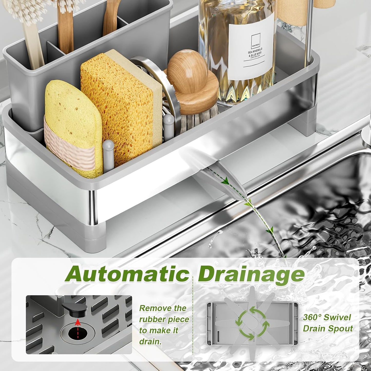 Ewaiira Stainless Steel Sink Caddy, Sponge Holder for Kitchen Sink 9.8″ | with Brush Holder and Towel Rack, Sink Organizer for Countertop, Soap Kitchen Organizers Storage Essentials, Black